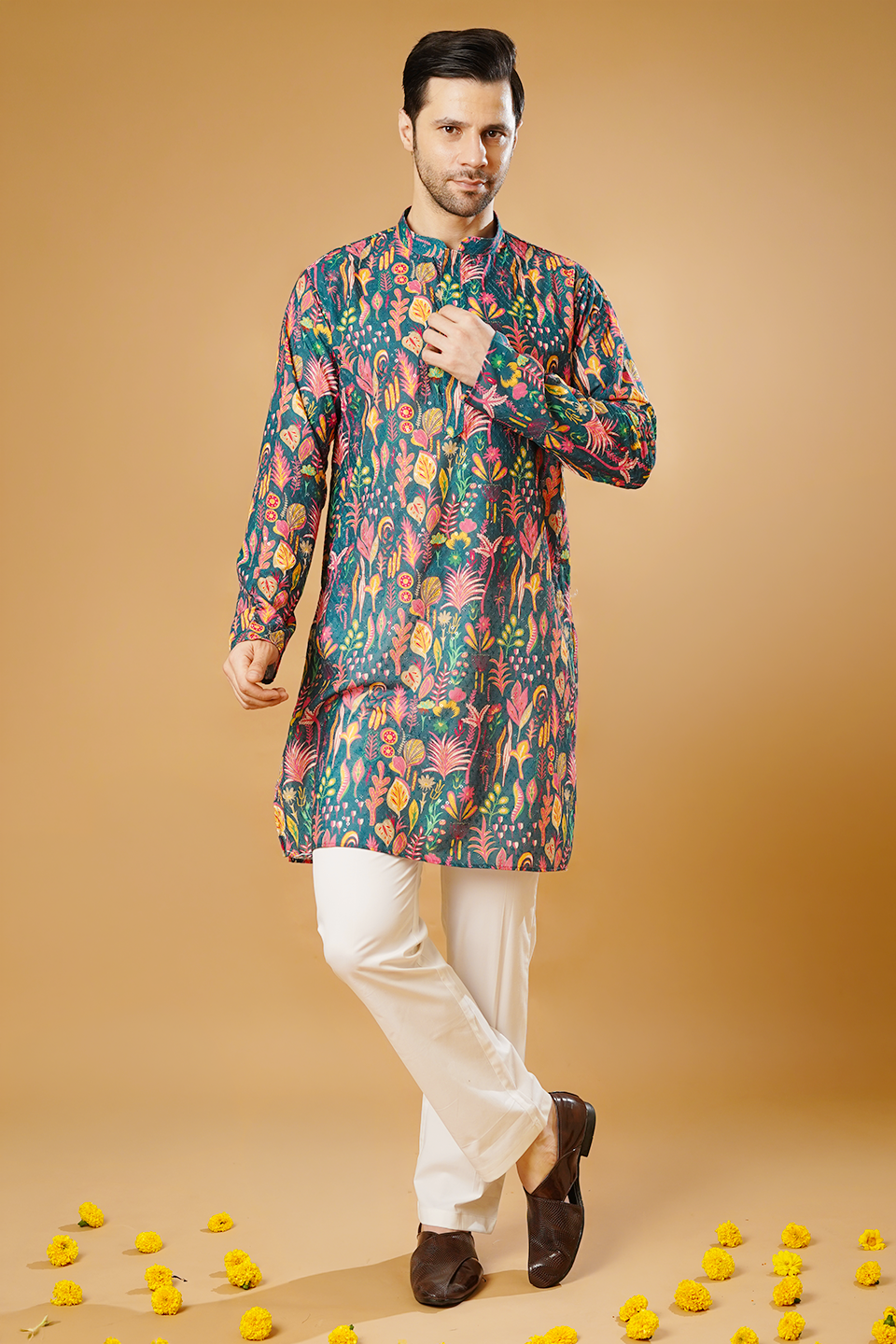 Cotton Blend Green Kurta Pyjama