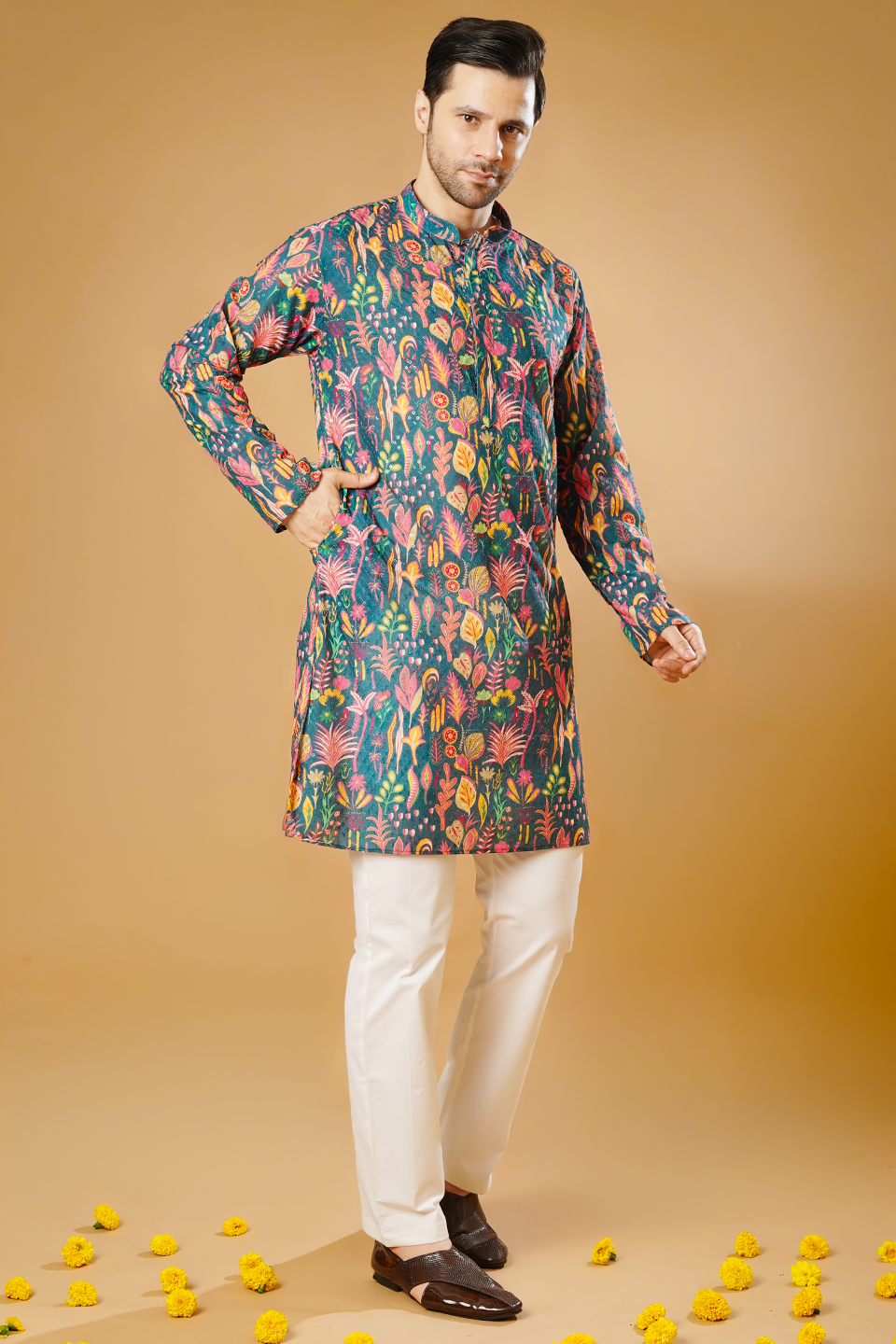 Cotton Blend Green Kurta Pyjama