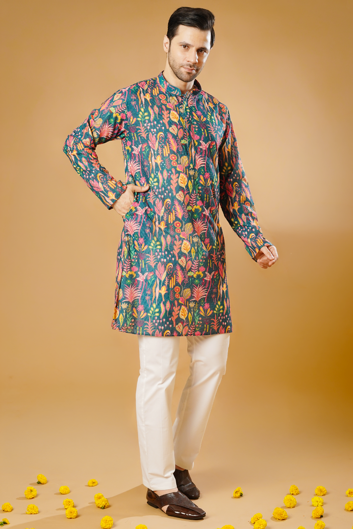 Cotton Blend Green Kurta Pyjama