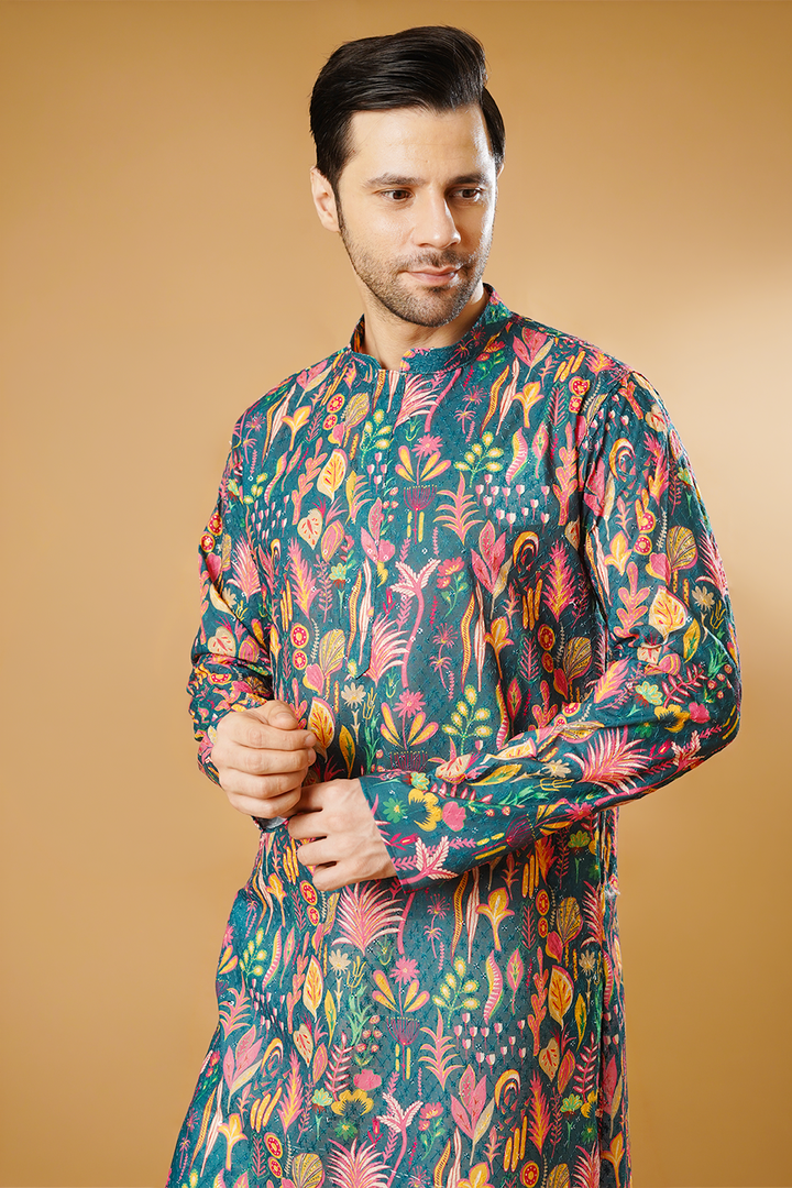 Cotton Blend Green Kurta Pyjama