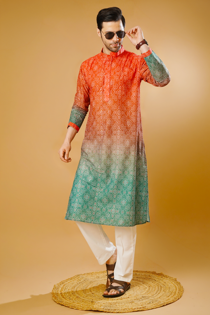 Cotton Blend Orange and Green Kurta Pyjama