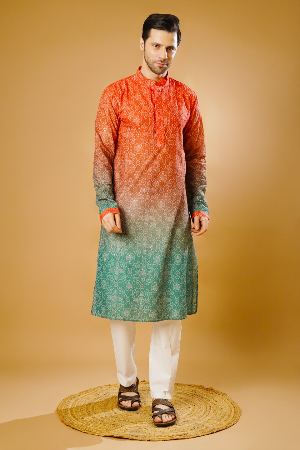 Cotton Blend Orange and Green Kurta Pyjama