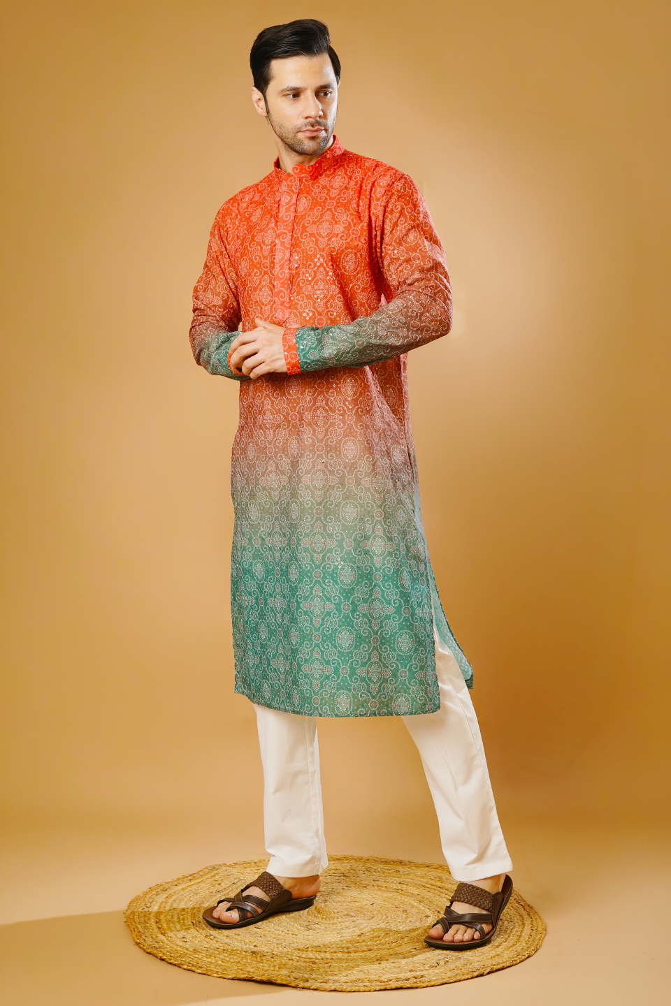 Cotton Blend Orange and Green Kurta Pyjama