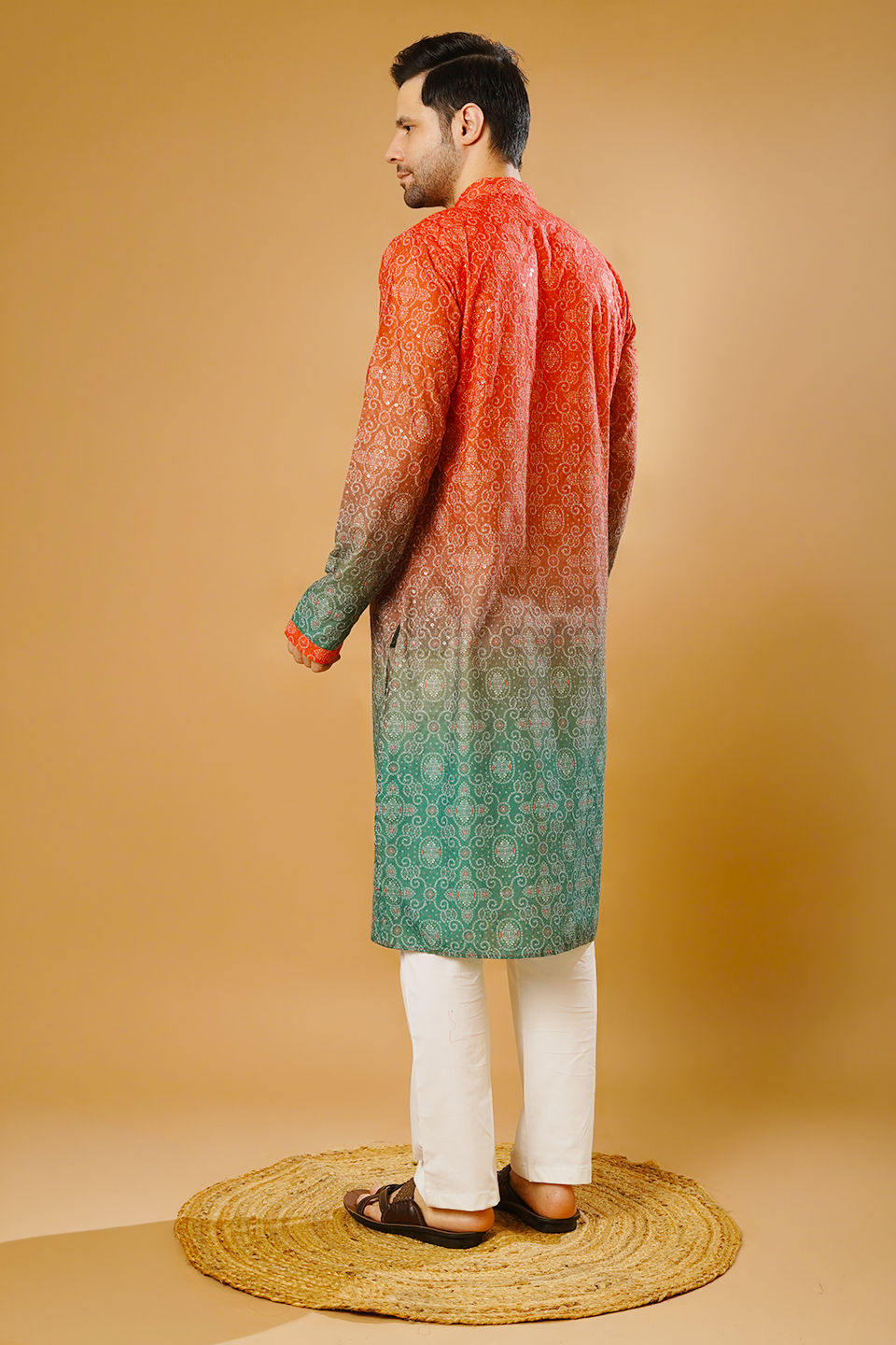 Cotton Blend Orange and Green Kurta Pyjama