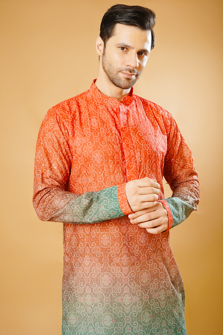 Cotton Blend Orange and Green Kurta Pyjama