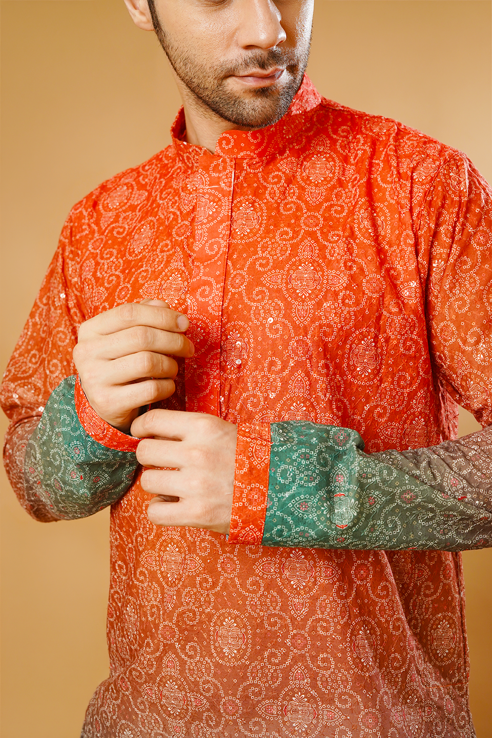Cotton Blend Orange and Green Kurta Pyjama