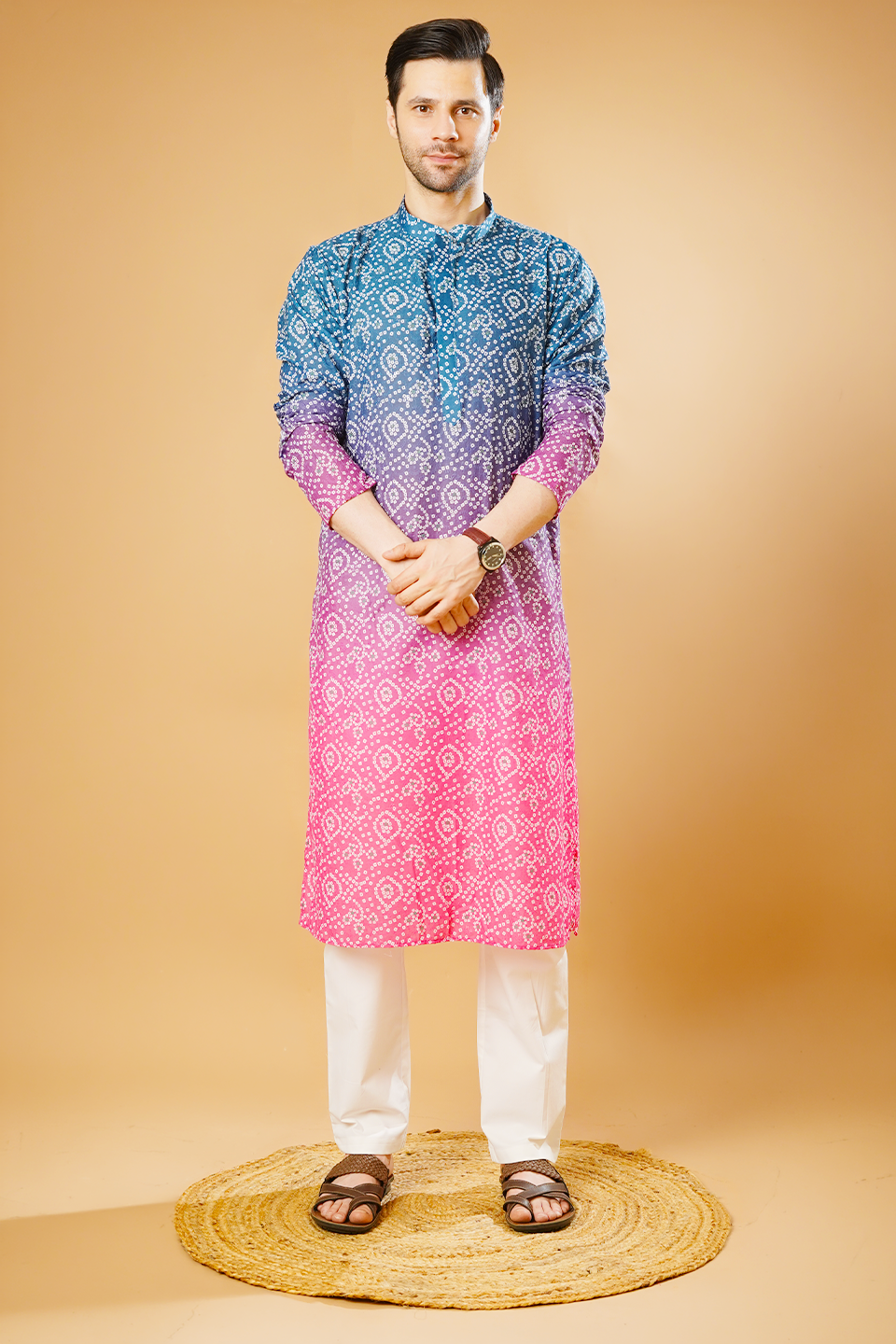Cotton Blend Blue and Pink Kurta Pyjama