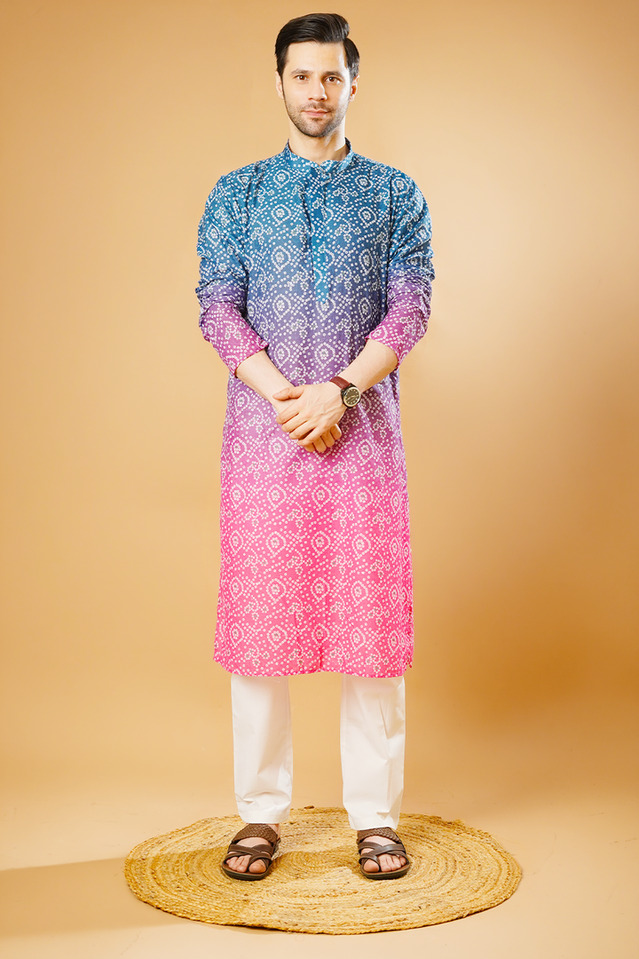 Cotton Blend Blue and Pink Kurta Pyjama