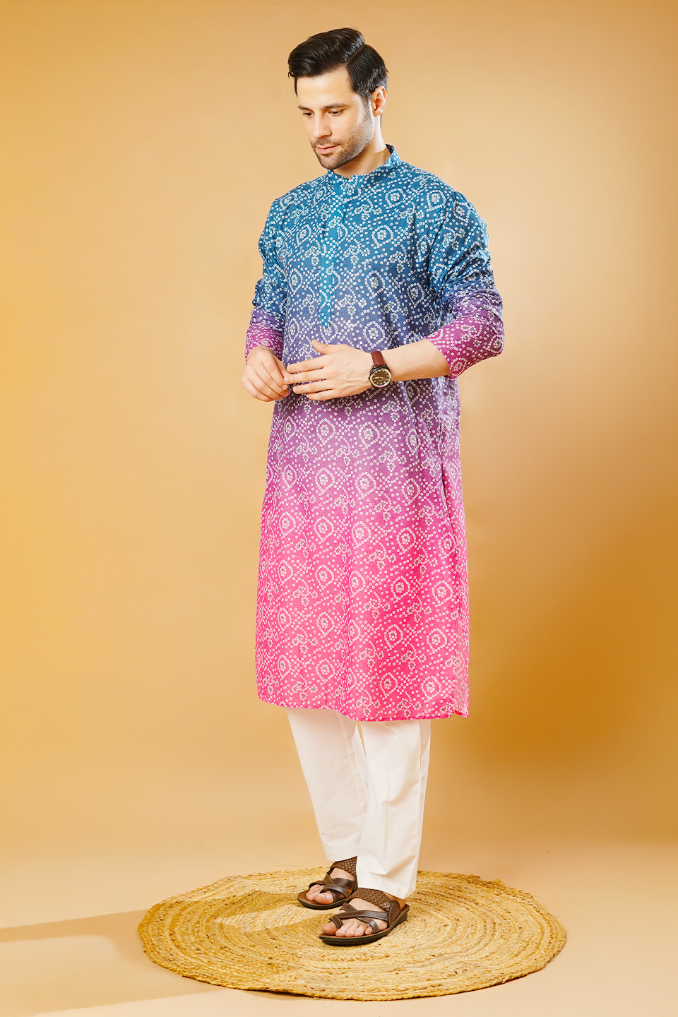 Cotton Blend Blue and Pink Kurta Pyjama