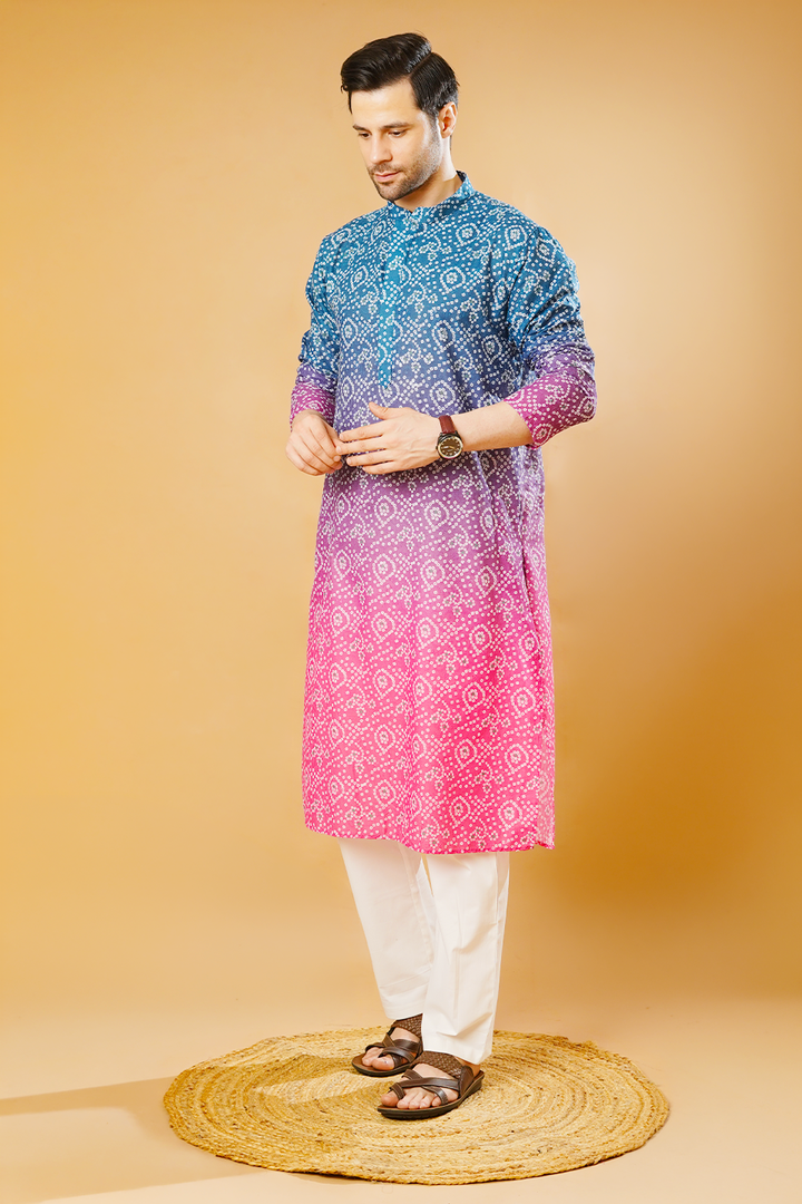 Cotton Blend Blue and Pink Kurta Pyjama