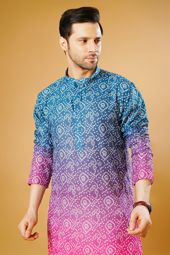 Cotton Blend Blue and Pink Kurta Pyjama
