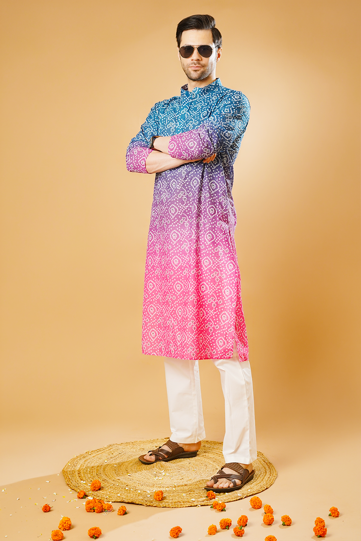 Cotton Blend Blue and Pink Kurta Pyjama