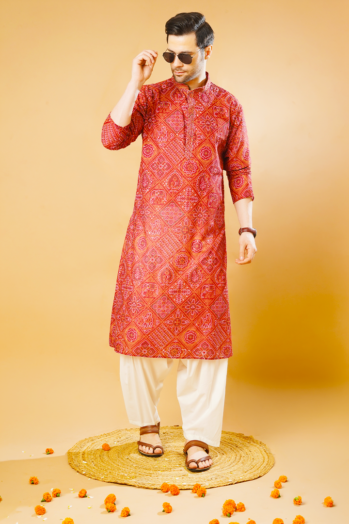 Cotton Blend Red Kurta Patyala Set
