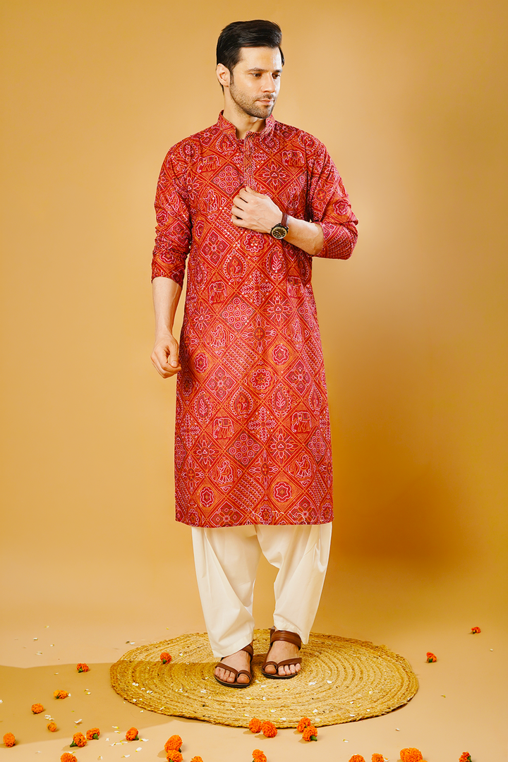 Cotton Blend Red Kurta Patyala Set