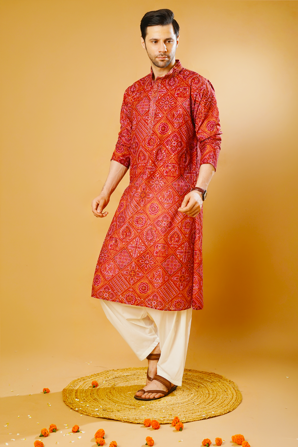 Cotton Blend Red Kurta Patyala Set