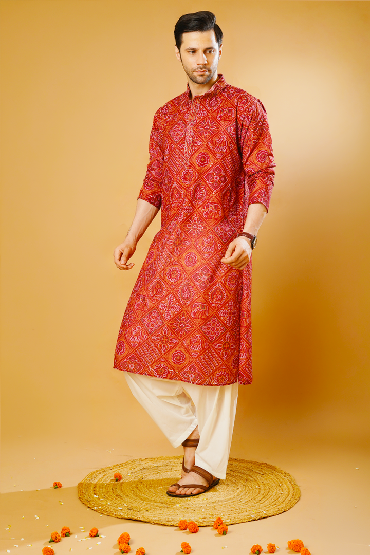 Cotton Blend Red Kurta Patyala Set