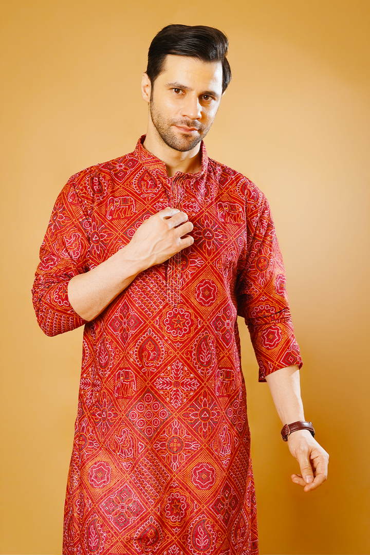 Cotton Blend Red Kurta Patyala Set