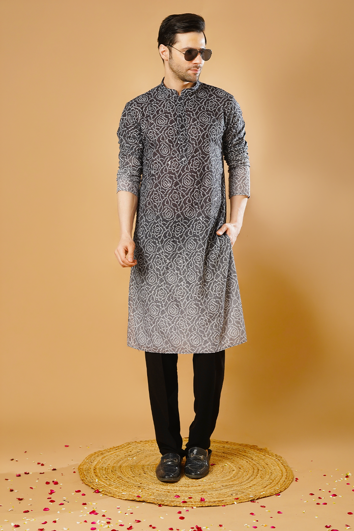 Cotton Blend Black and Grey Kurta Pyjama