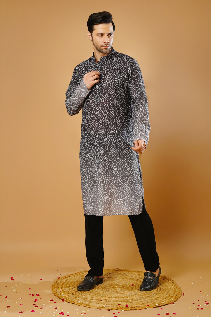 Cotton Blend Black and Grey Kurta Pyjama