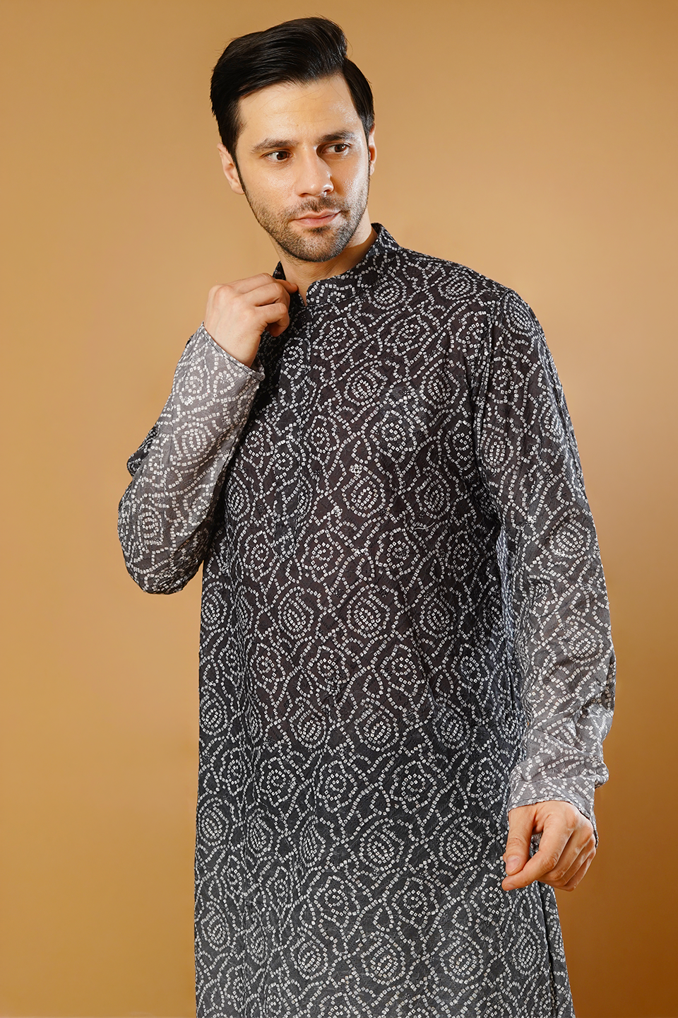 Cotton Blend Black and Grey Kurta Pyjama