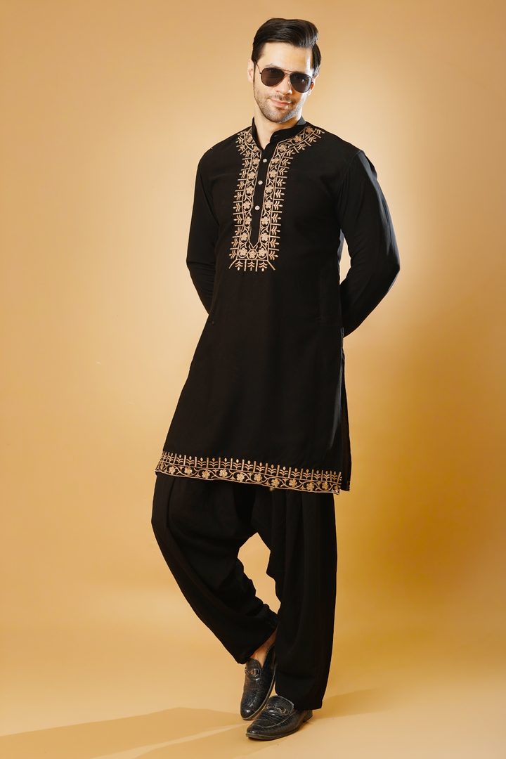 Cotton Blend Black Kurta Patyala Set