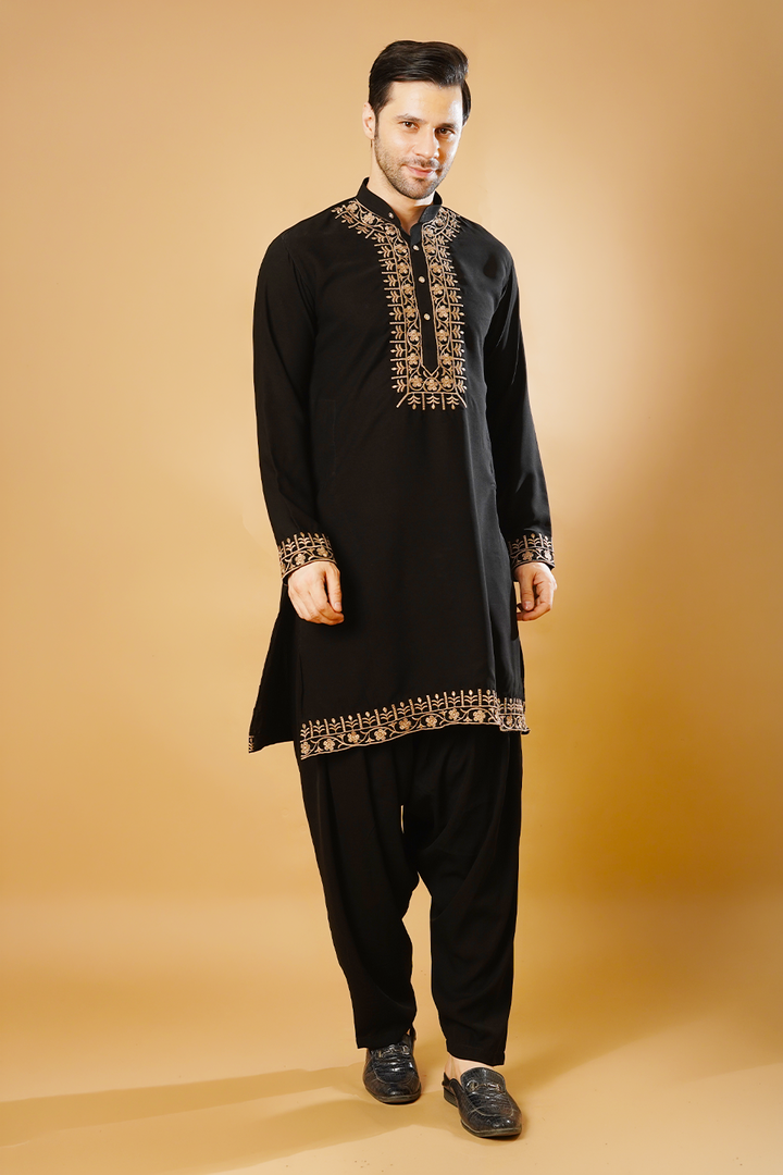 Cotton Blend Black Kurta Patyala Set