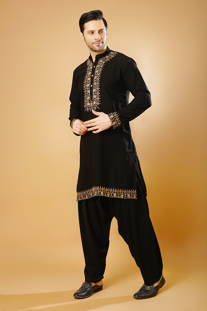Cotton Blend Black Kurta Patyala Set