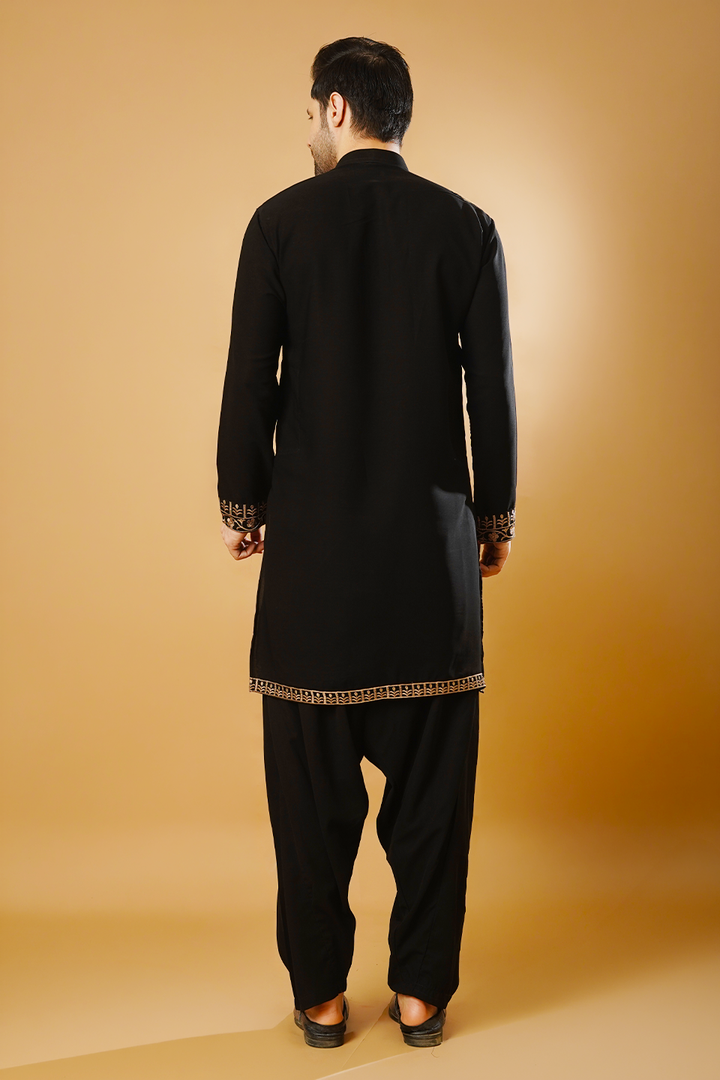 Cotton Blend Black Kurta Patyala Set