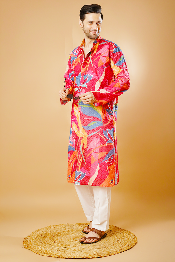 Cotton Blend Red Kurta Pyjama