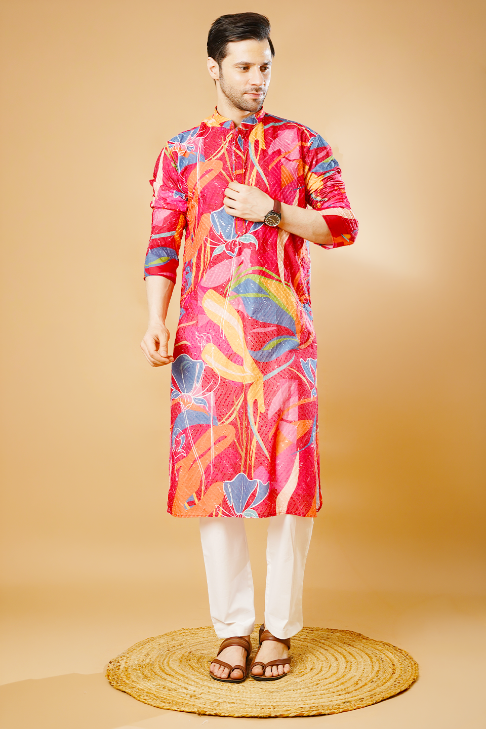 Cotton Blend Red Kurta Pyjama