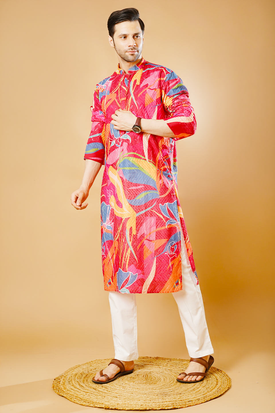 Cotton Blend Red Kurta Pyjama
