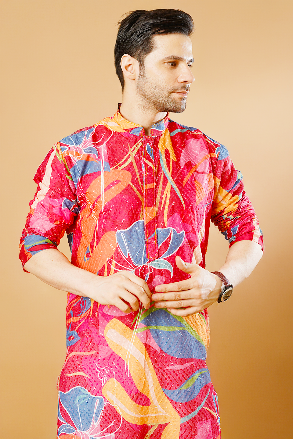 Cotton Blend Red Kurta Pyjama