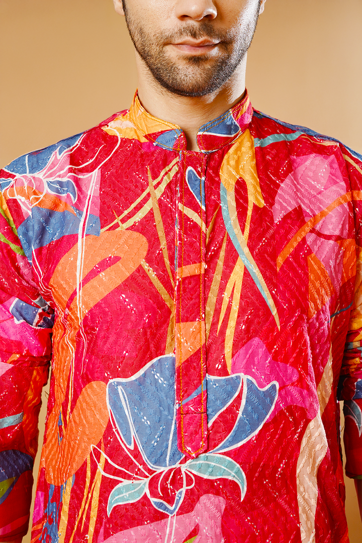 Cotton Blend Red Kurta Pyjama