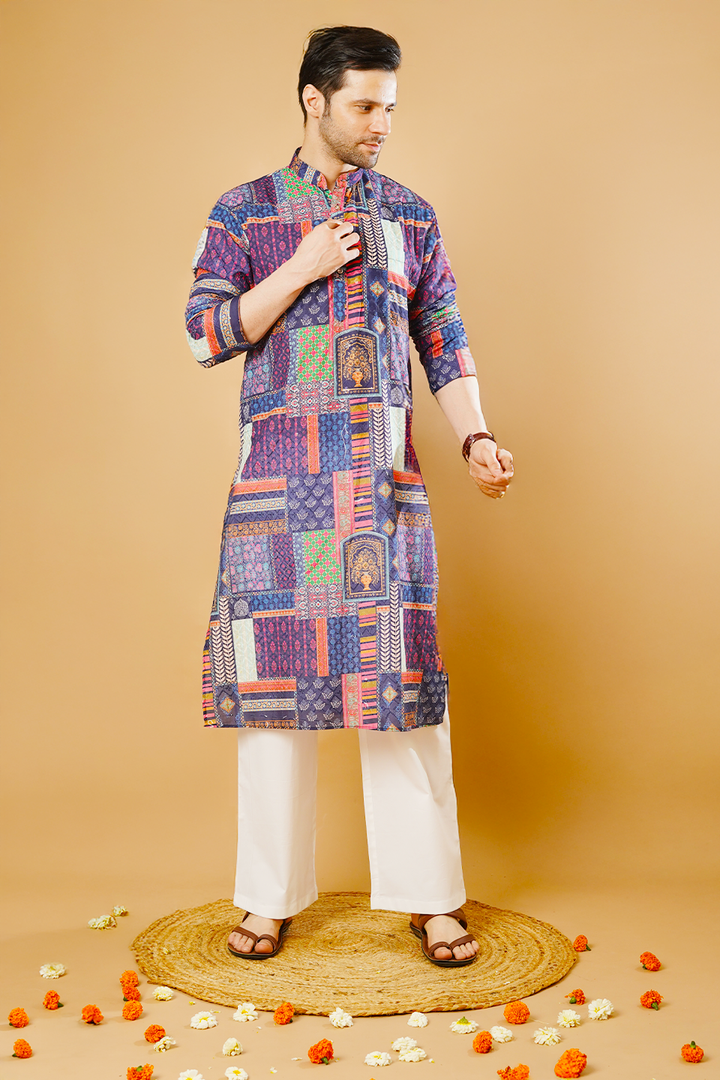 Cotton Blend Blue Kurta Pyjama
