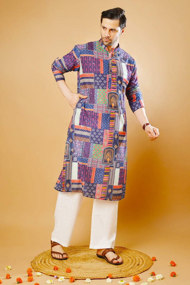 Cotton Blend Blue Kurta Pyjama