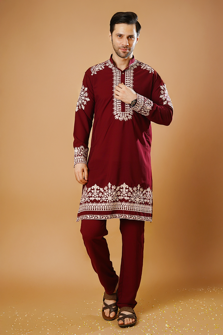 Cotton Blend Red Kurta Pyjama