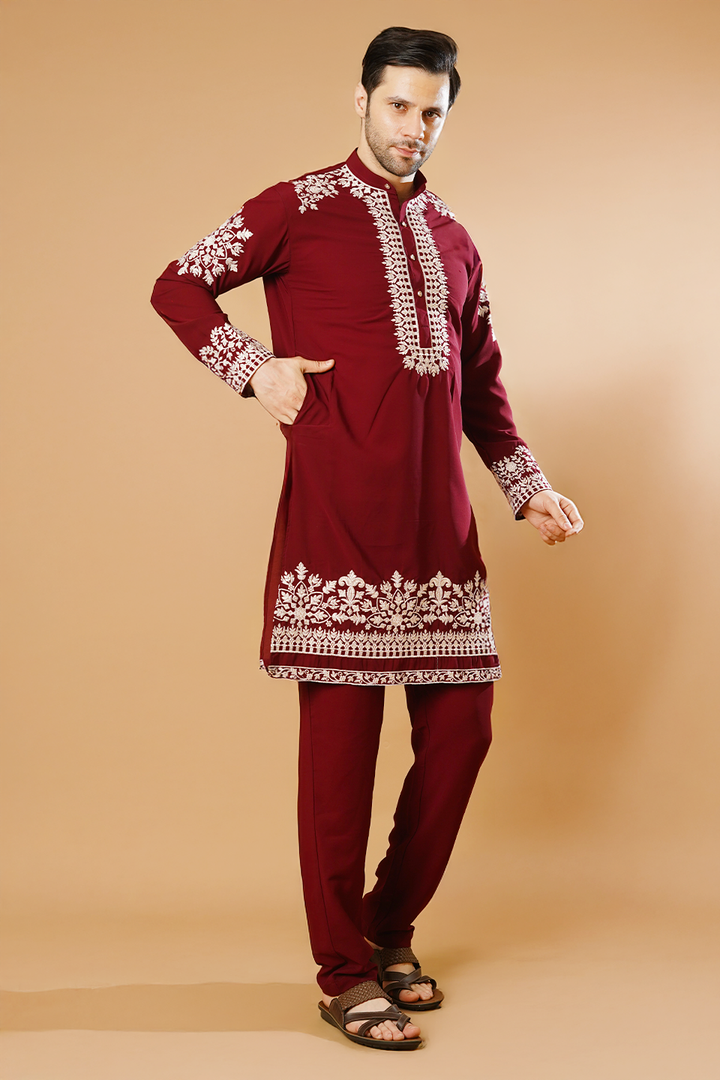 Cotton Blend Red Kurta Pyjama