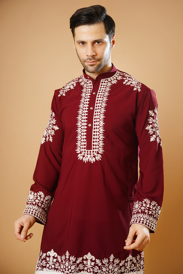 Cotton Blend Red Kurta Pyjama