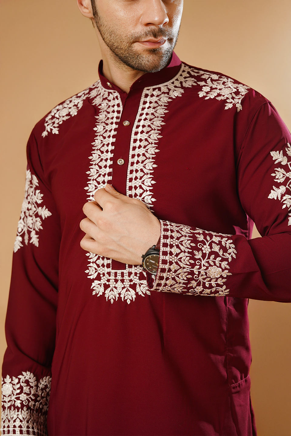 Cotton Blend Red Kurta Pyjama