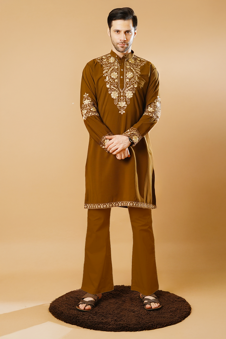Cotton Blend Brown Kurta Pyjama
