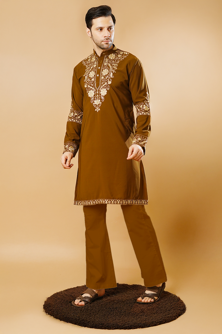Cotton Blend Brown Kurta Pyjama