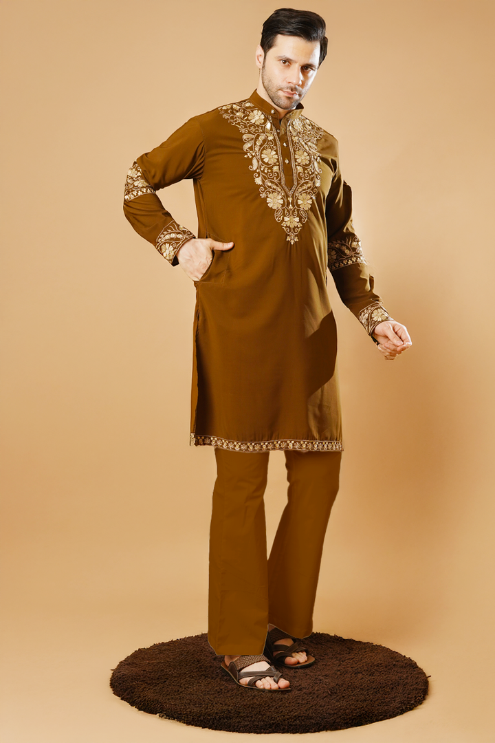 Cotton Blend Brown Kurta Pyjama
