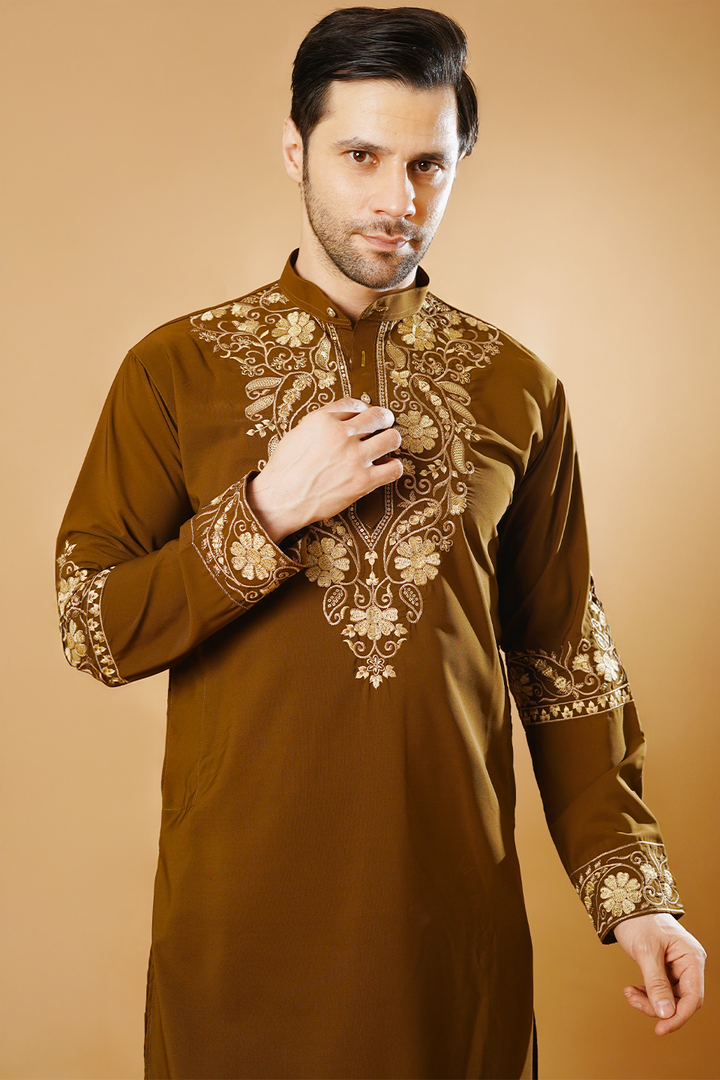 Cotton Blend Brown Kurta Pyjama