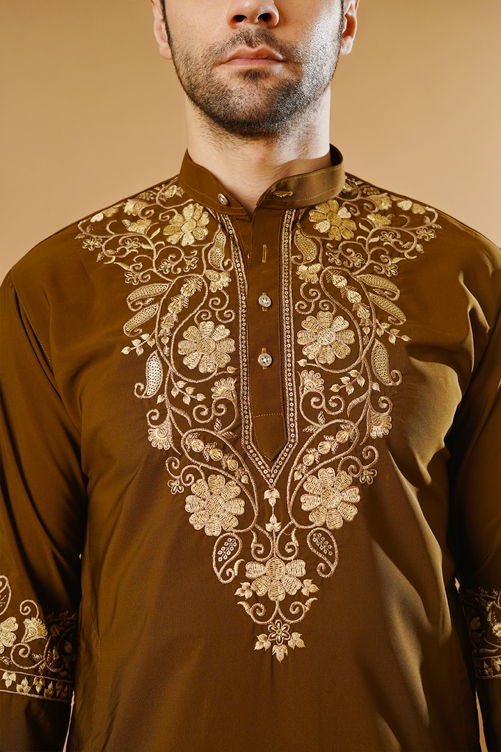 Cotton Blend Brown Kurta Pyjama
