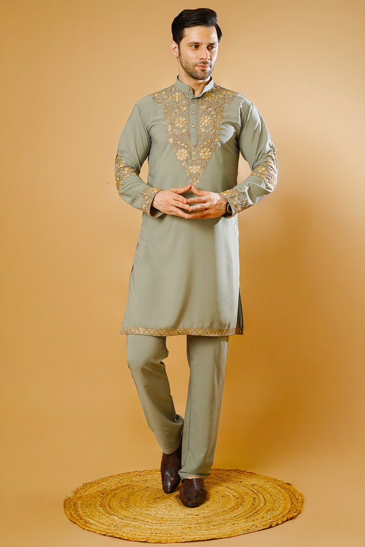 Cotton Blend Grey Kurta Pyjama