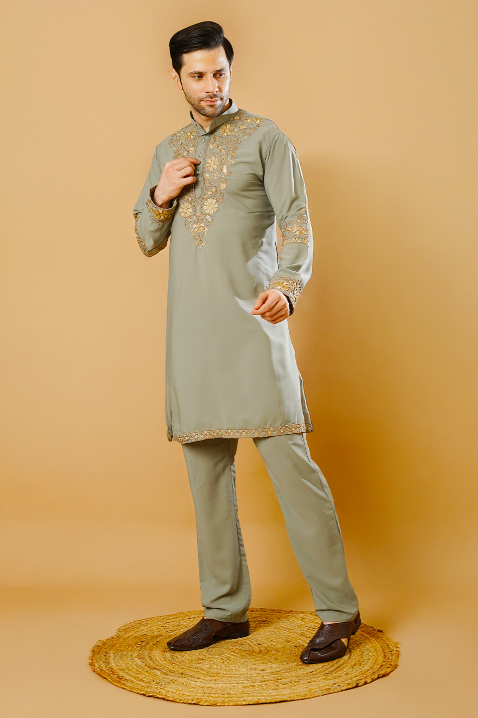 Cotton Blend Grey Kurta Pyjama