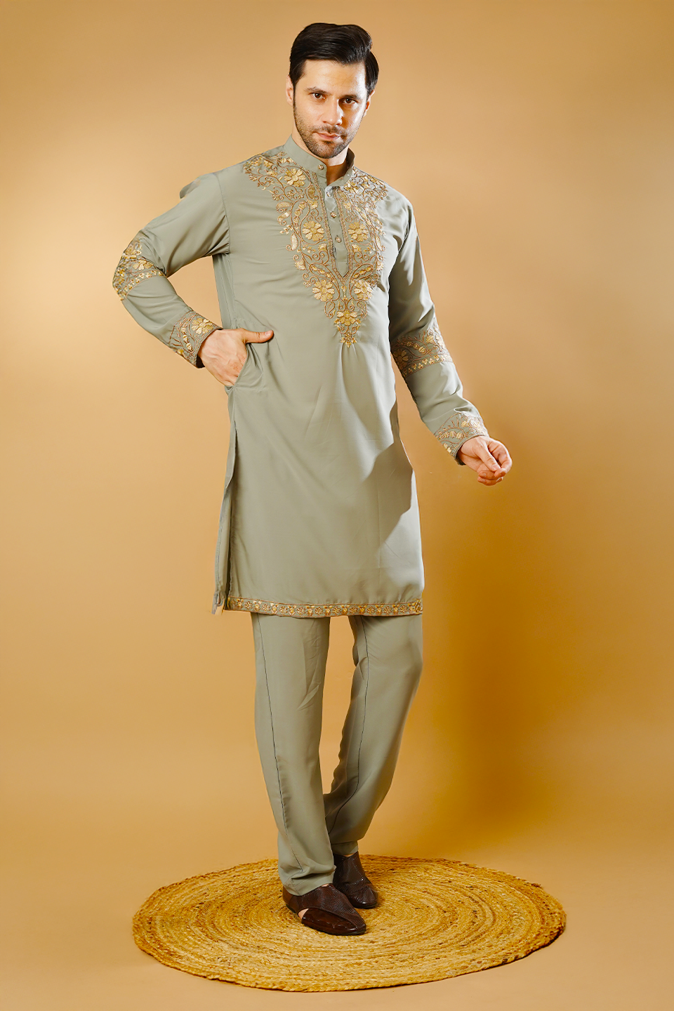 Cotton Blend Grey Kurta Pyjama
