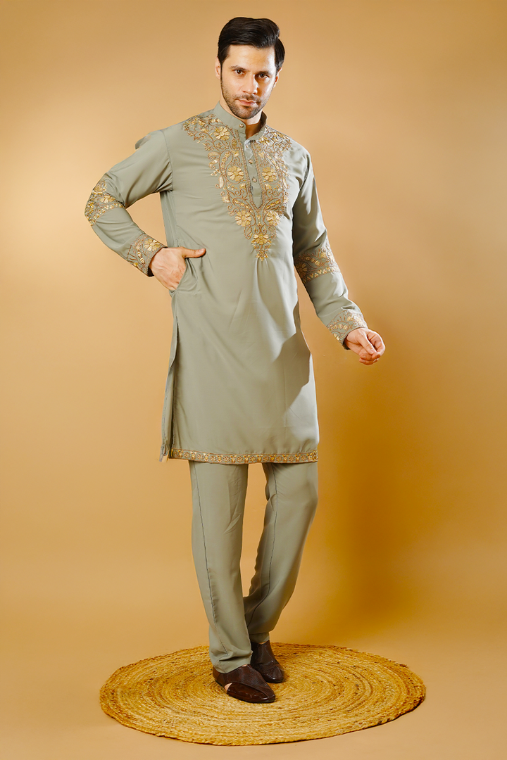 Cotton Blend Grey Kurta Pyjama