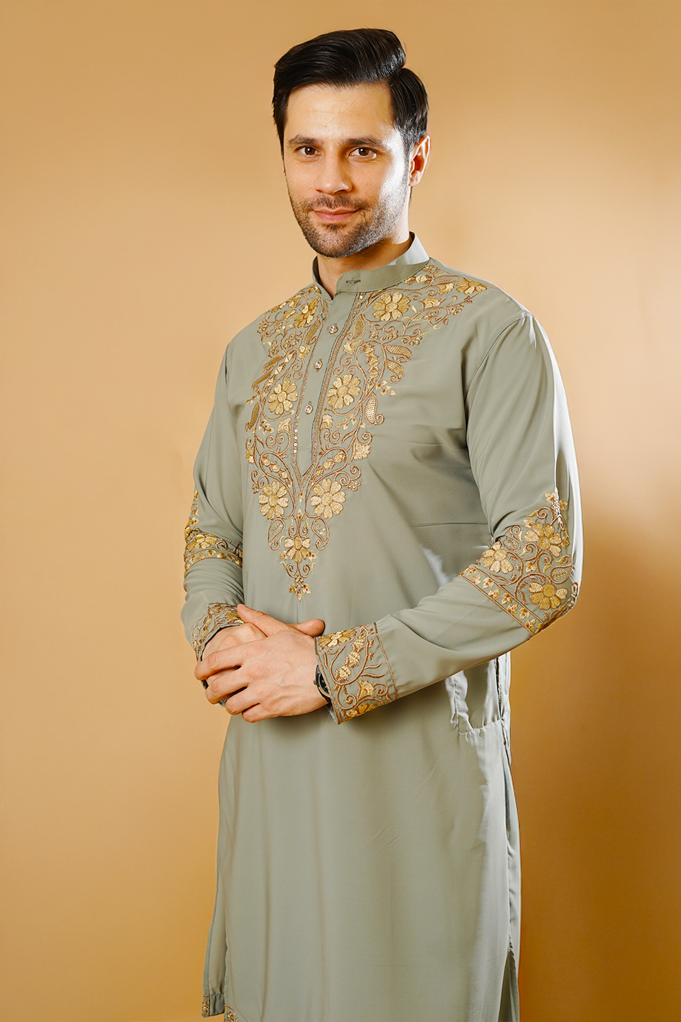 Cotton Blend Grey Kurta Pyjama