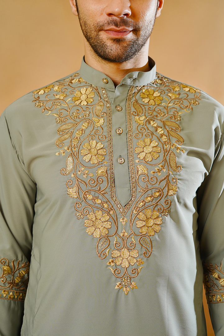 Cotton Blend Grey Kurta Pyjama